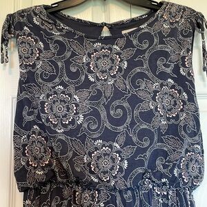 Women’s Loft outlet Sz M sleeveless midi dress blue w/ pink/white design elastic